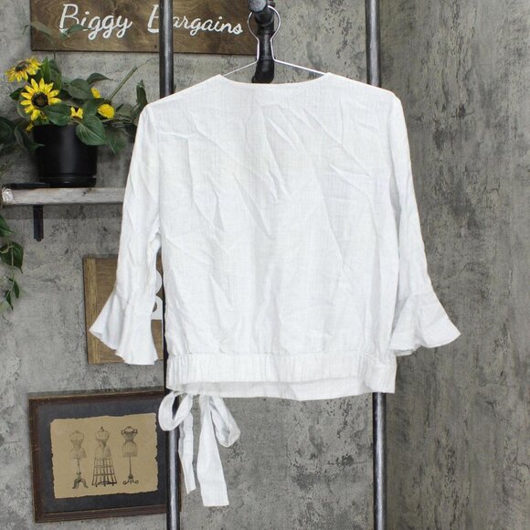 NEW Womens Bell Sleeve Tie Front Blouse Shirt Top White Lurex See Measurements - Picture 2 of 4